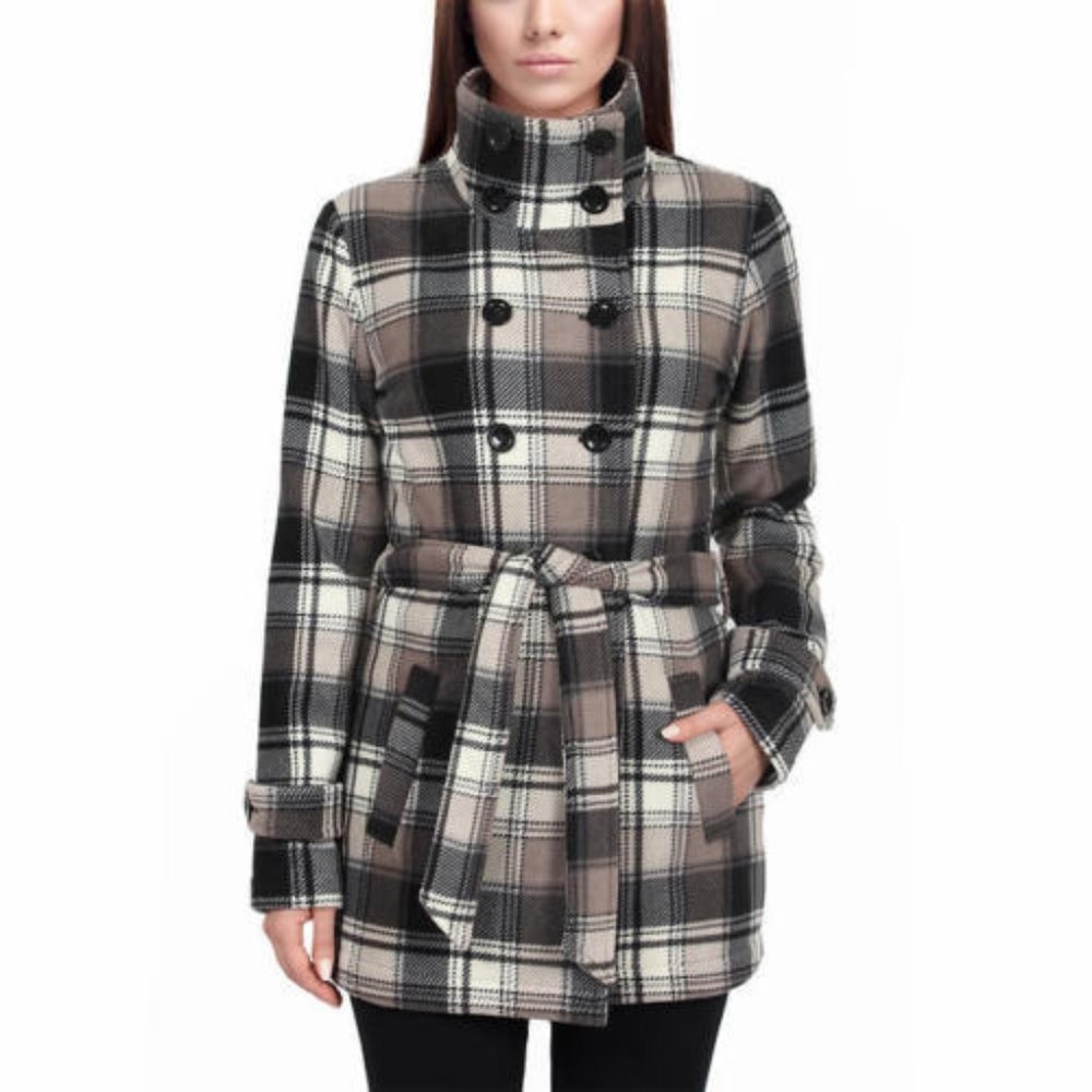 NWT Ike Behar Women's Double Breasted Fleece Plaid Jacket Grey Taupe L Large
